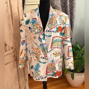 Carol Horn VTG Workshop 100% Silk Printed blazer. Size Medium. Whimsical, Art